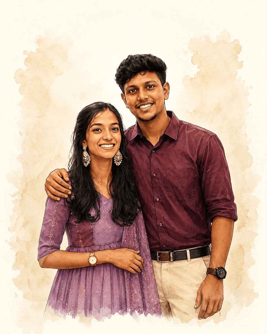 Illustrated portrait of Anakha and Jithin